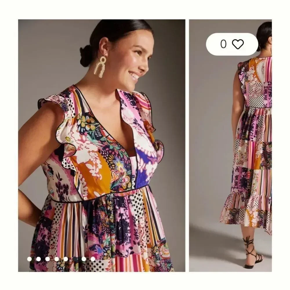 Ruffled Patchwork Midi Dress size 14